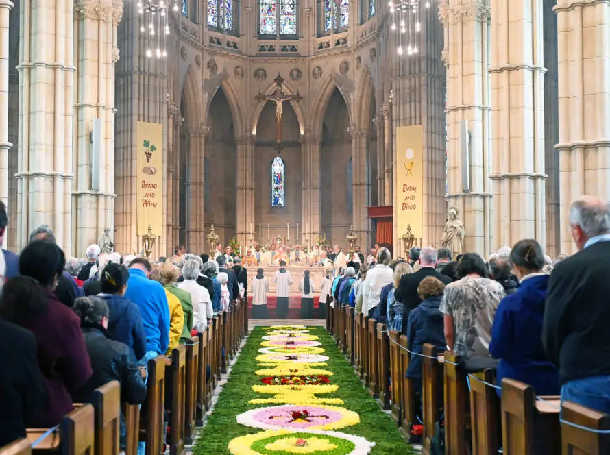 A carpet of flowers in the aisle leading up to the alter of Arundel Cathedral